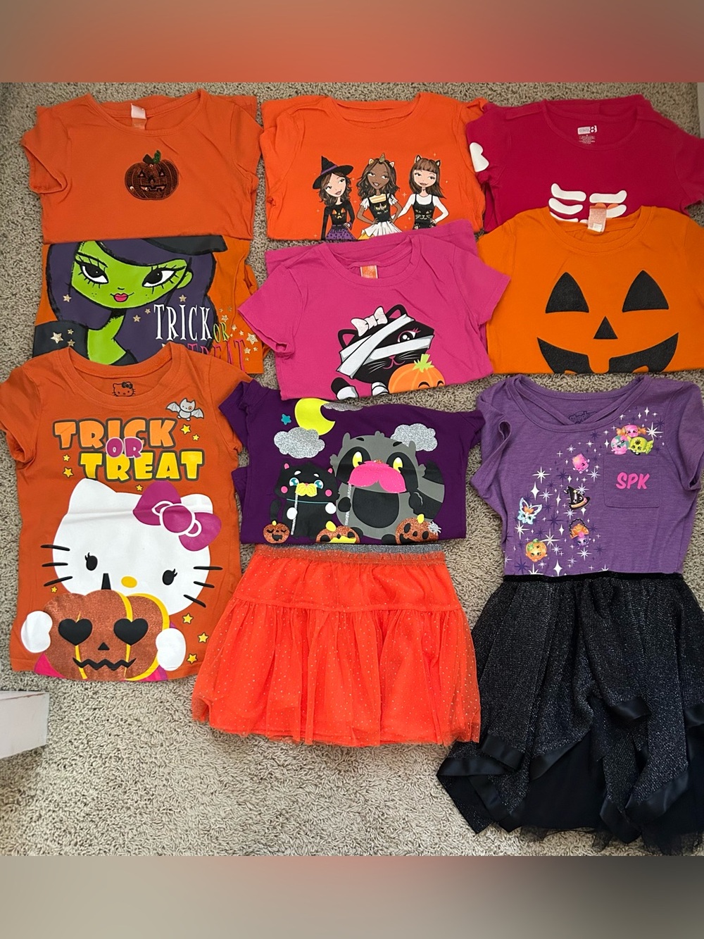 Girls M Medium 7/8 Halloween lot - Shopkins dress, skirt, shirts, Hello Kitty